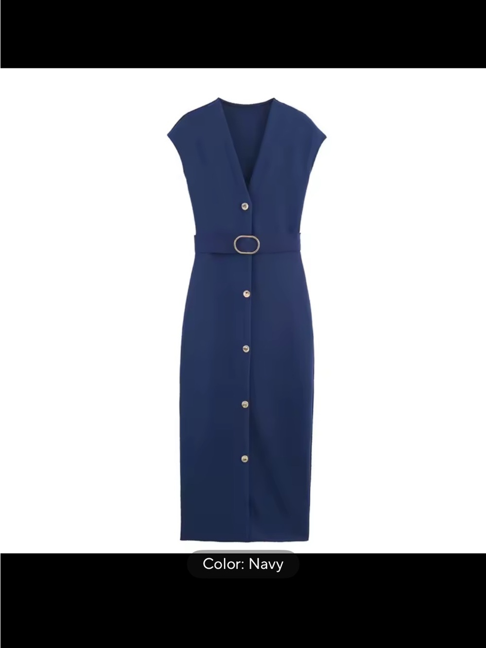 Zara Navy Button-Front Belted Midi Dress